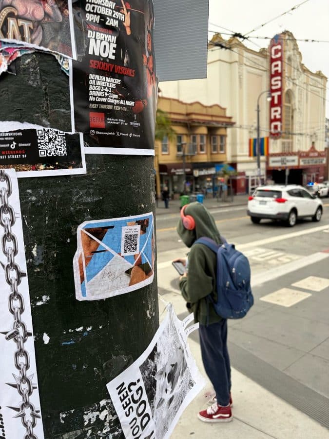 Dear Gay Stranger sticker on a pole near the Castro Theatre